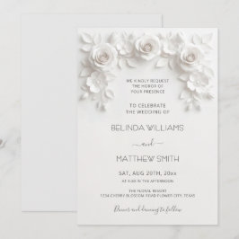 White Faux Relief Roses Frame Wedding Minimalist Inbjudningar