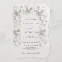 White Faux Relief Roses Frame Wedding Minimalist Inbjudningar
