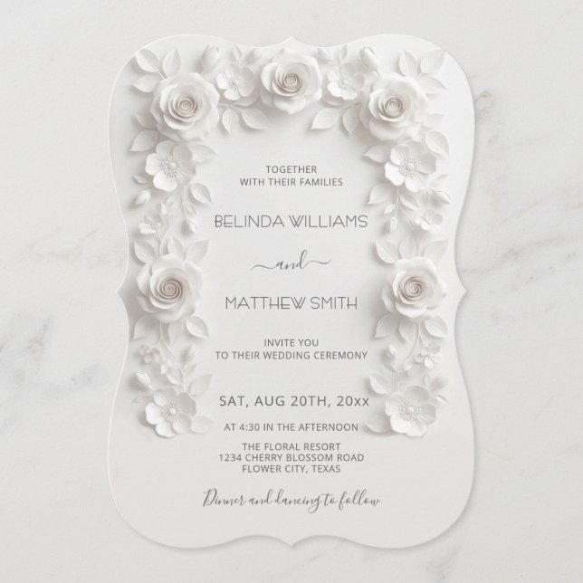 White Faux Relief Roses Frame Wedding Minimalist Inbjudningar (Framsida)