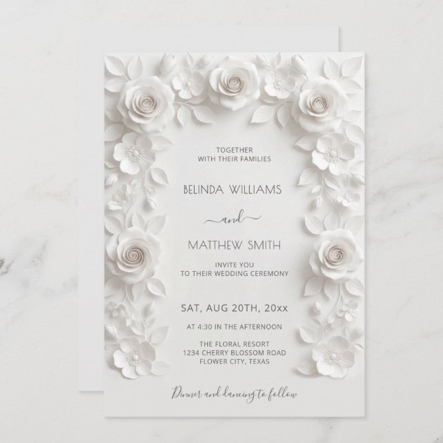 White Faux Relief Roses Frame Wedding Minimalist Inbjudningar (Fram/baksida)