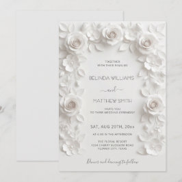 White Faux Relief Roses Frame Wedding Minimalist Inbjudningar
