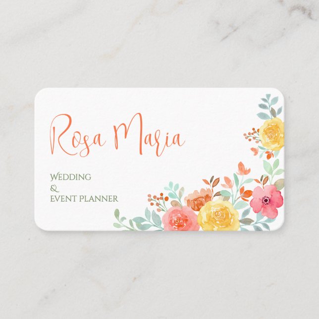 White Feminine Watercolor Floral Event Planner Visitkort (Framsida)