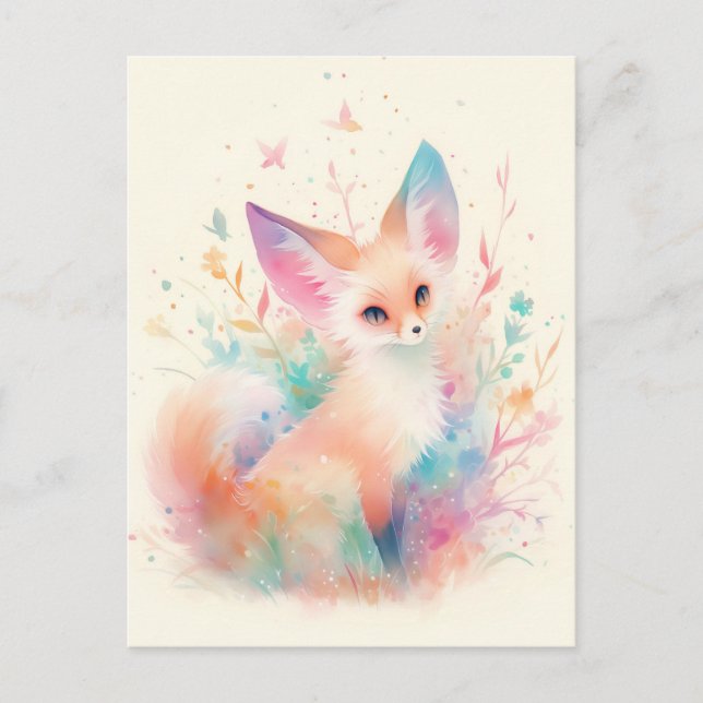 White Fennec Fox with Pastel Rainbow Ear Vykort (Framsida)