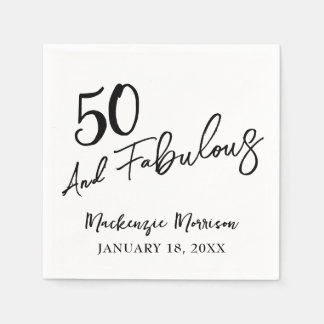 White Fifty and Fabulous Script Birthday Party Pappersservett