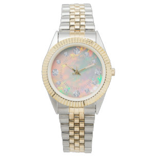 White Fire Opal Diamond Solitaire Dial Steel Guld Armbandsur