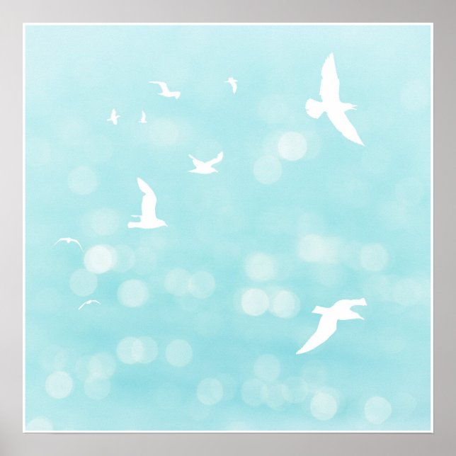 White Fiskmåsar och Blue Bokeh Semi Abstrakt Beach Poster (Framsidan)