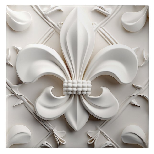 White Fleur De Lis Ceramic Tile Kakelplatta (Framsidan)
