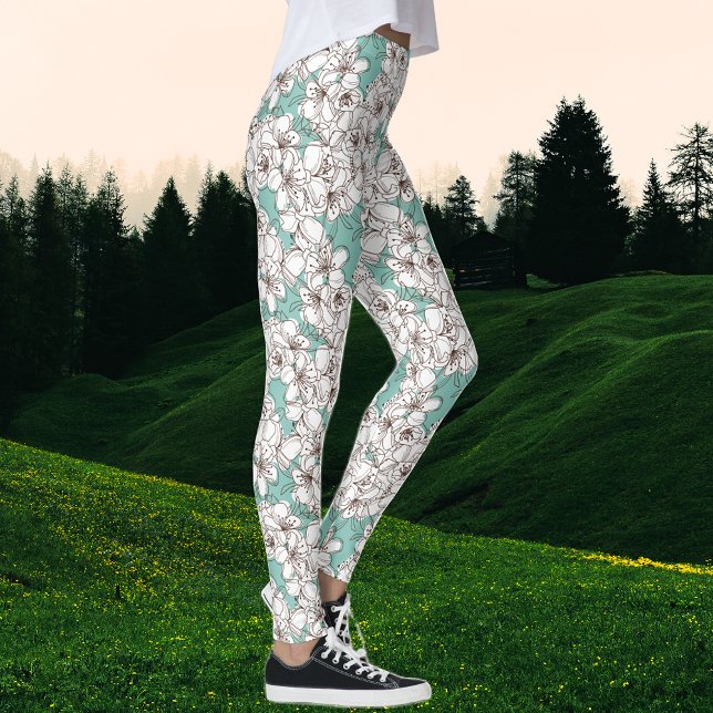 White Flora Bunch Aqua Teal Brown Leggings (Skapare uppladdad)