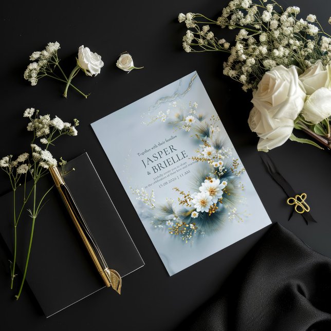 White Floral and Blue Pine Gold Wreath Wedding Inbjudningar (Skapare uppladdad)