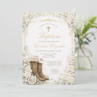 White Floral Baptism Invite with Cowboy Boots Inbjudningar