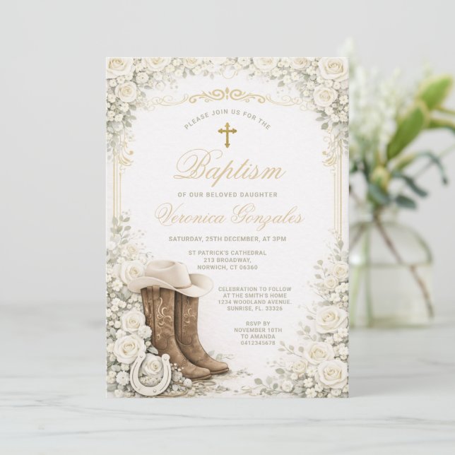 White Floral Baptism Invite with Cowboy Boots Inbjudningar (Stående Fram)