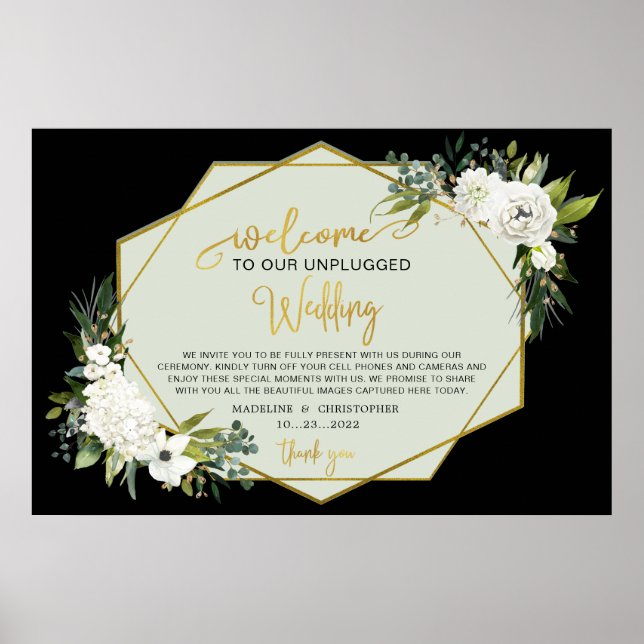 White Floral Black Gold Wedding Names Unplugged Poster (Framsidan)