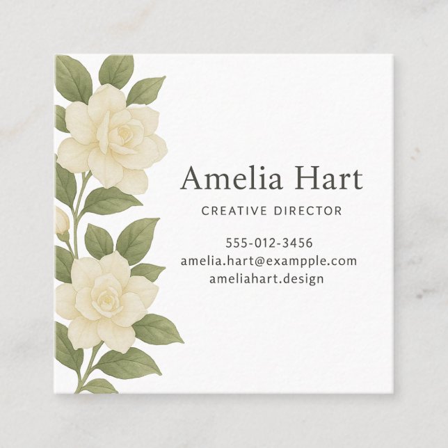 White Floral Business Card Fyrkantigt Visitkort (Framsida)
