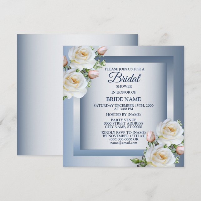 White Floral Elegant Blue Gray Bridal Shower Inbjudningar (Fram/baksida)