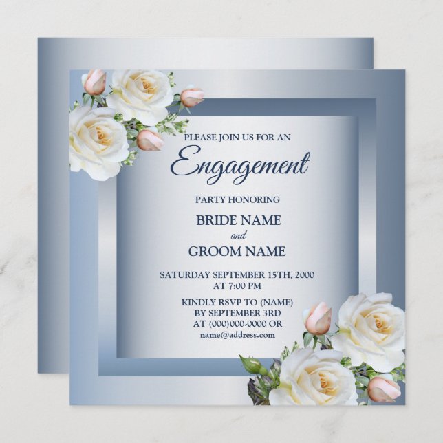 White Floral Elegant Blue Gray Engagement Party Inbjudningar (Fram/baksida)
