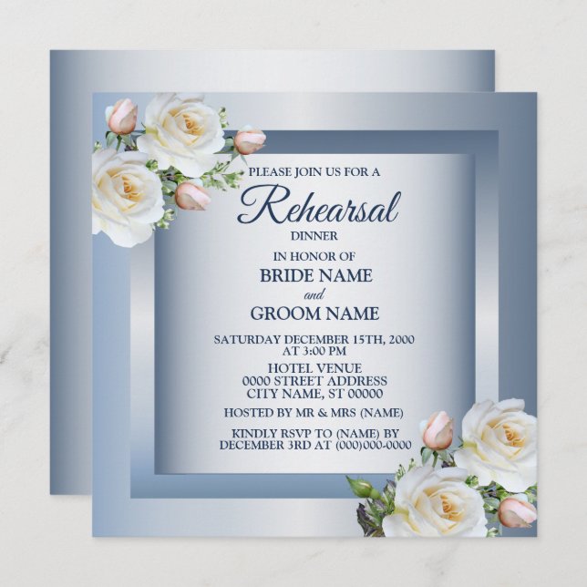 White Floral Elegant Blue Gray Rehearsal Dinner Inbjudningar (Fram/baksida)
