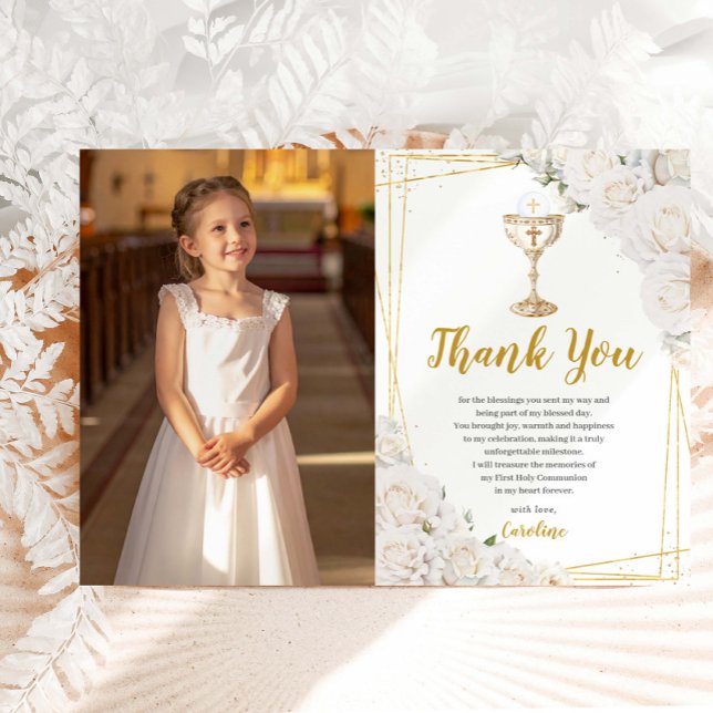 White Floral First Holy Communion Chalice Photo Tack Kort (Skapare uppladdad)
