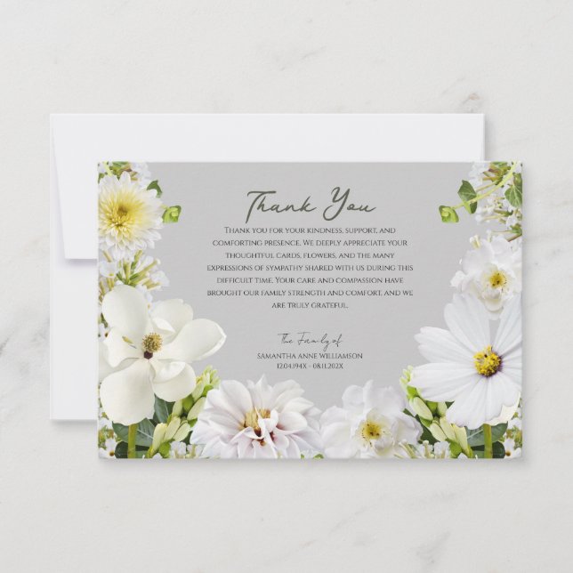 White Floral Funeral Thank You Card Tack Kort (Framsida)