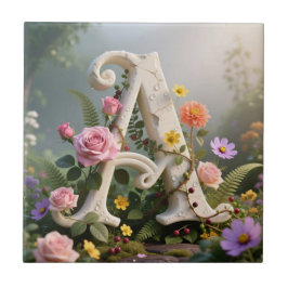 White Floral Garden Monogram Letter A Kakelplatta