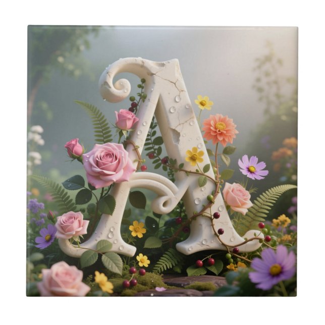 White Floral Garden Monogram Letter A Kakelplatta (Framsidan)