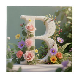 White Floral Garden Monogram Letter B Kakelplatta