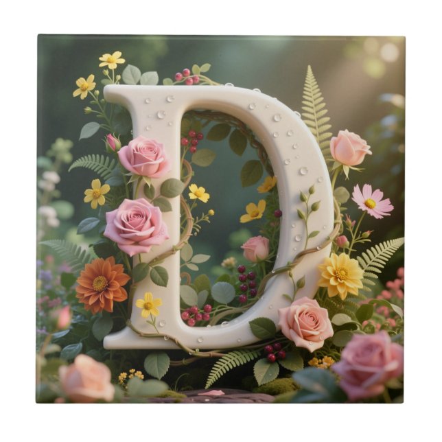 White Floral Garden Monogram Letter D Kakelplatta (Framsidan)