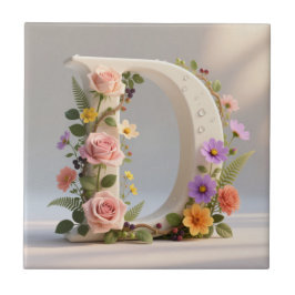 White Floral Garden Monogram Letter D Kakelplatta