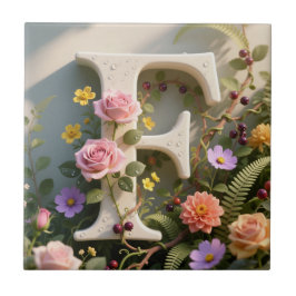 White Floral Garden Monogram Letter F Kakelplatta