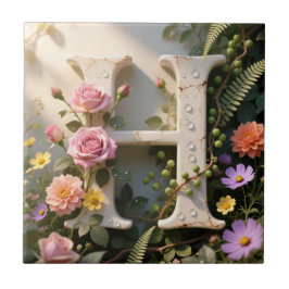 White Floral Garden Monogram Letter H Kakelplatta