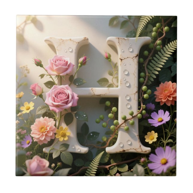 White Floral Garden Monogram Letter H Kakelplatta (Framsidan)
