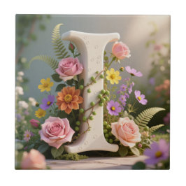 White Floral Garden Monogram Letter I Kakelplatta