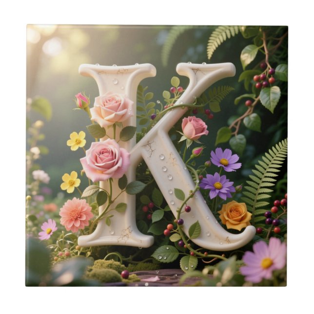 White Floral Garden Monogram Letter K Kakelplatta (Framsidan)