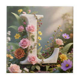 White Floral Garden Monogram Letter L Kakelplatta