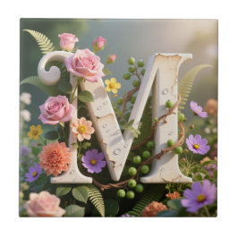 White Floral Garden Monogram Letter M Kakelplatta