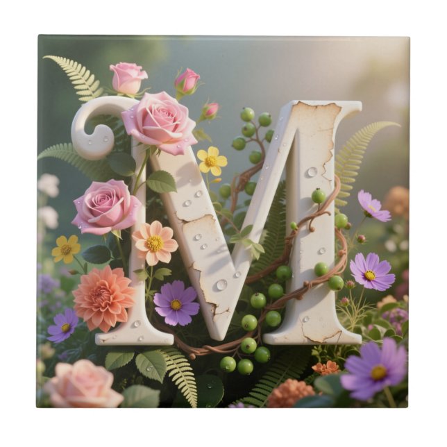 White Floral Garden Monogram Letter M Kakelplatta (Framsidan)