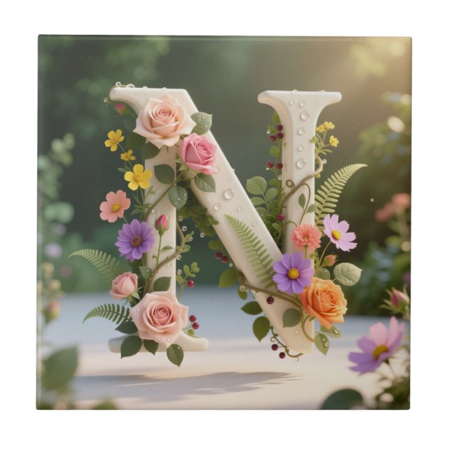 White Floral Garden Monogram Letter N Kakelplatta (Framsidan)