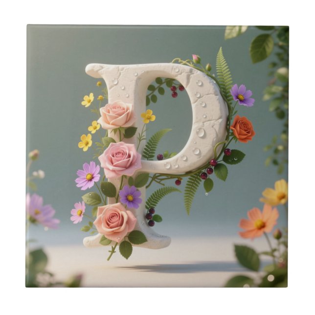 White Floral Garden Monogram Letter P Kakelplatta (Framsidan)