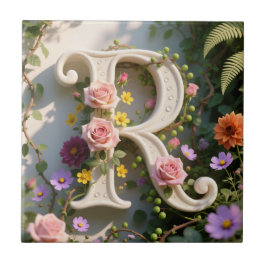 White Floral Garden Monogram Letter R Kakelplatta