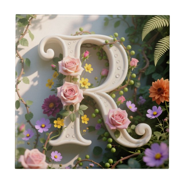 White Floral Garden Monogram Letter R Kakelplatta (Framsidan)