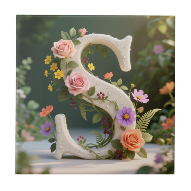 White Floral Garden Monogram Letter S Kakelplatta (Framsidan)