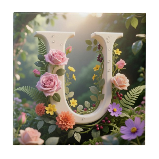 White Floral Garden Monogram Letter U Kakelplatta (Framsidan)