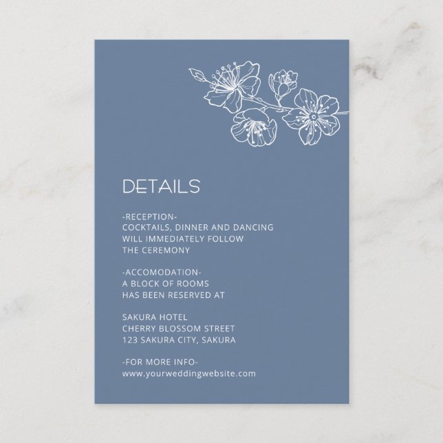 White Floral Line Art Dusty Blue Wedding Tilläggskort (Framsida)