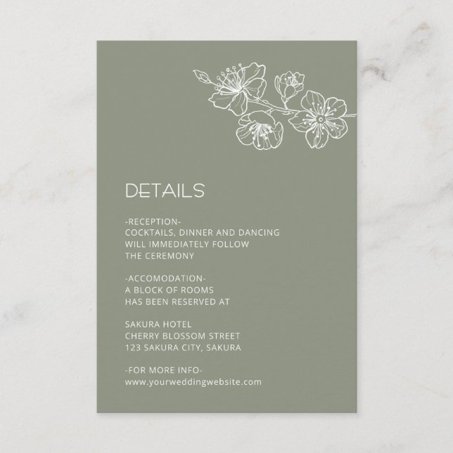 White Floral Line Art Sage Green Wedding Tilläggskort (Framsida)