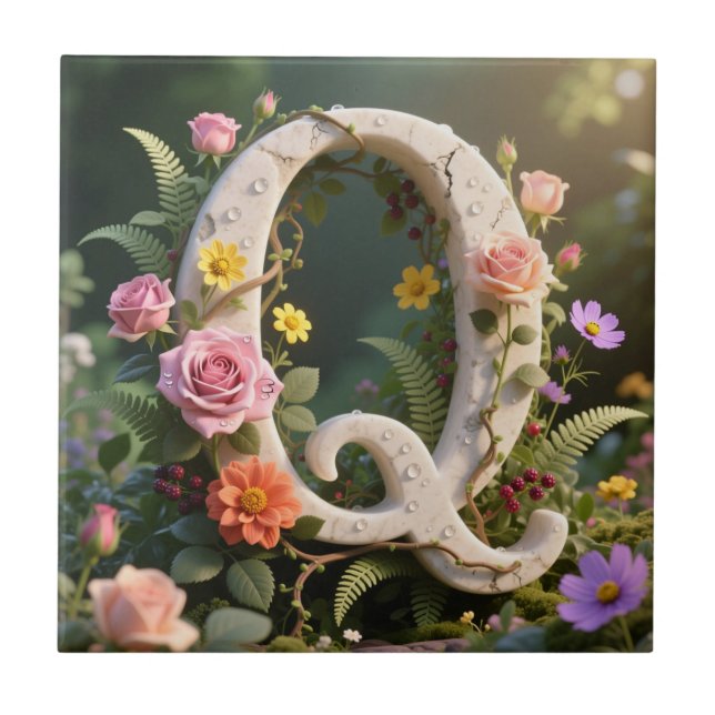 White Floral Marble Monogram Letter Q Kakelplatta (Framsidan)
