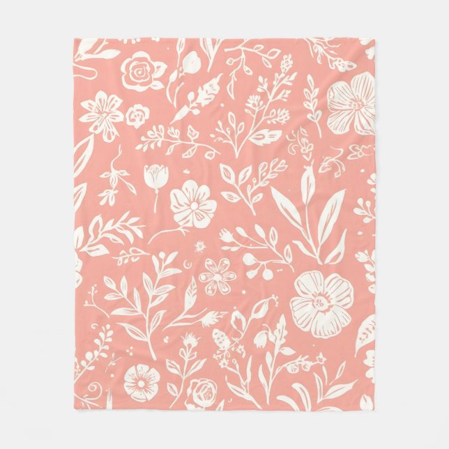 White Floral Meadow on Coral Pink Fleêc Blanket Fleecefilt (Framsidan)