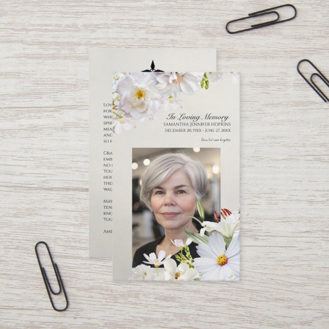 White Floral Memorial Card Visitkort (Fram/Back In Situ)