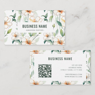 White Floral Pattern Green Greenery QR Code Visitkort