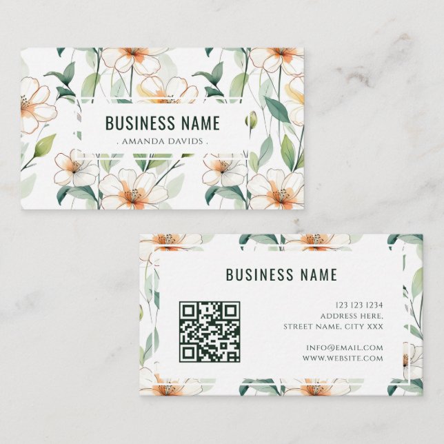 White Floral Pattern Green Greenery QR Code Visitkort (Fram/baksida)