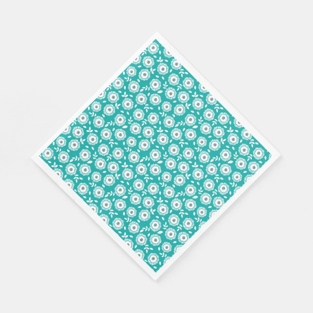 White floral pattern on turquoise background pappersservett (Hörn)