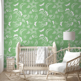 White Floral Wallpaper with Sage Background